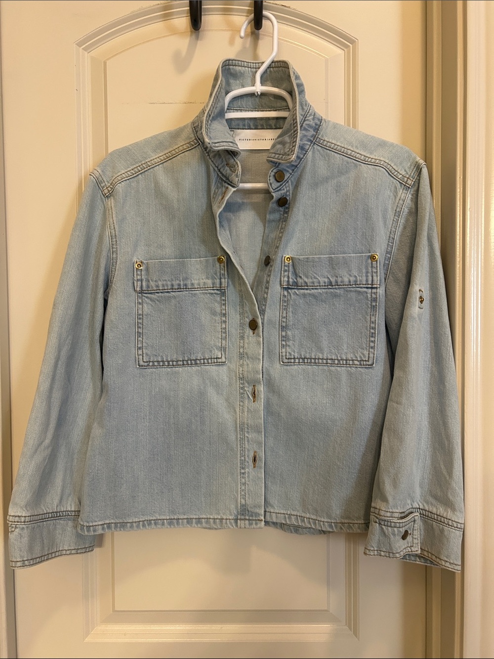 Victoria Victoria Beckham Light Wash Denim Utility Jacket with 3/4 length sleeve